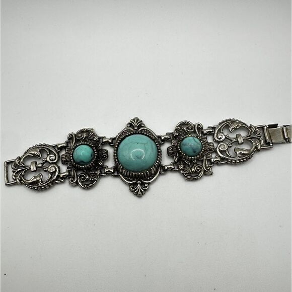 Vintage 7" Lucite Cabochon mid-century bracelet in silver tone metal! - Picture 7 of 13